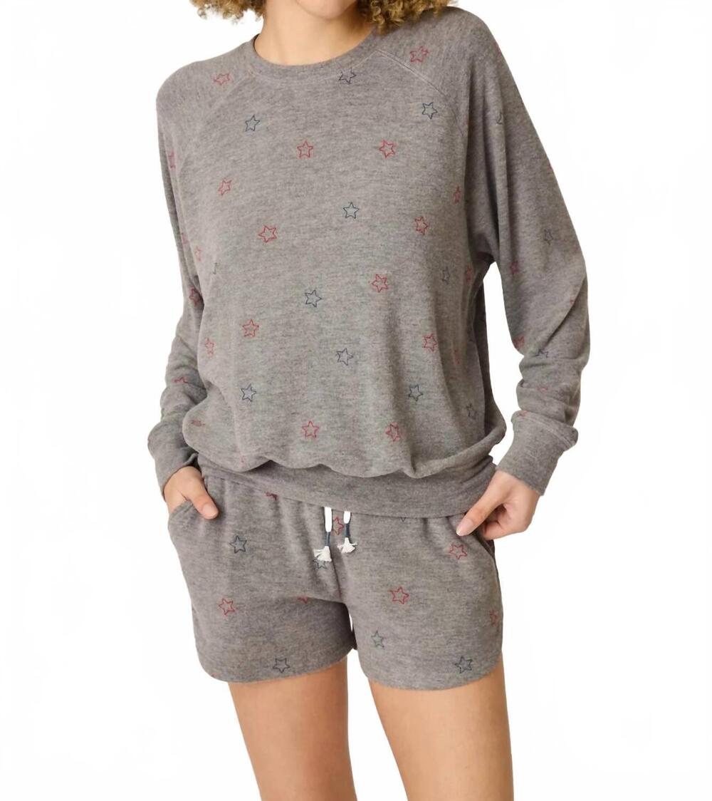 NEW PJ SALVAGE red, white, & woof star print long sleeve top in dark grey